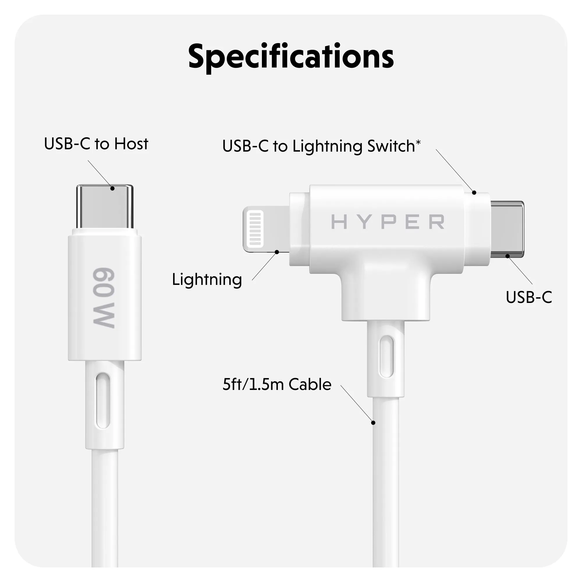 HyperJuice USB-C and Lightning Hybrid Silicone Cable (1.5m/5ft) - White