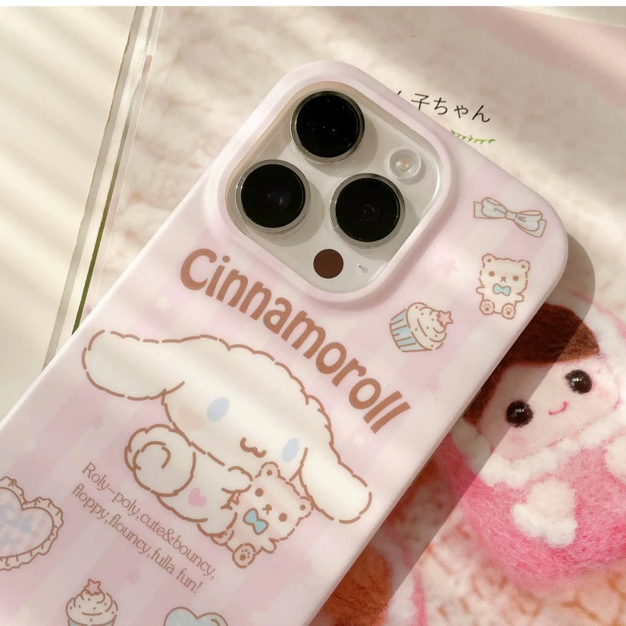 Japanese Cartoon Cinnamoroll with Teddy Pink Pastel Matt iPhone Case 12 13 14 Pro Promax