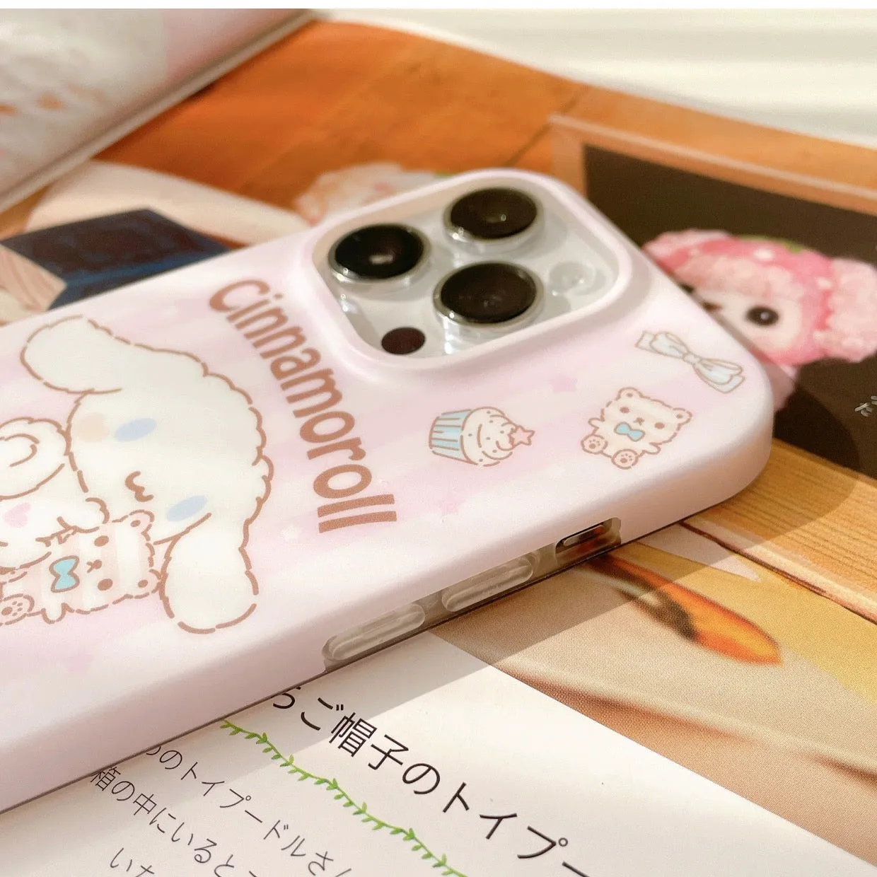 Japanese Cartoon Cinnamoroll with Teddy Pink Pastel Matt iPhone Case 12 13 14 Pro Promax