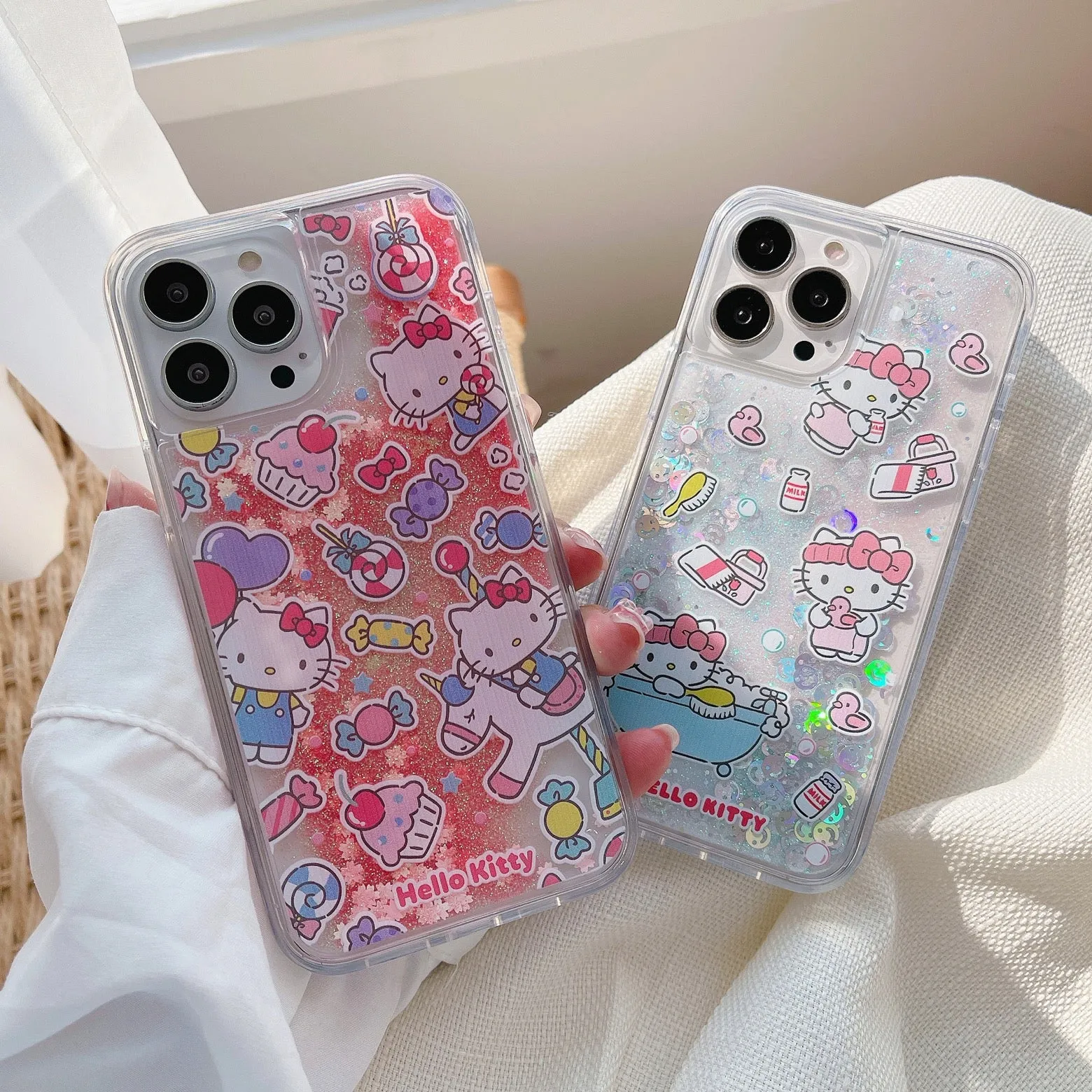 Japanese Cartoon KT Red Party Blue Bathing Glitter QuickSand iPhone Case 15 14 13 12 11 XS XR Pro Max Plus