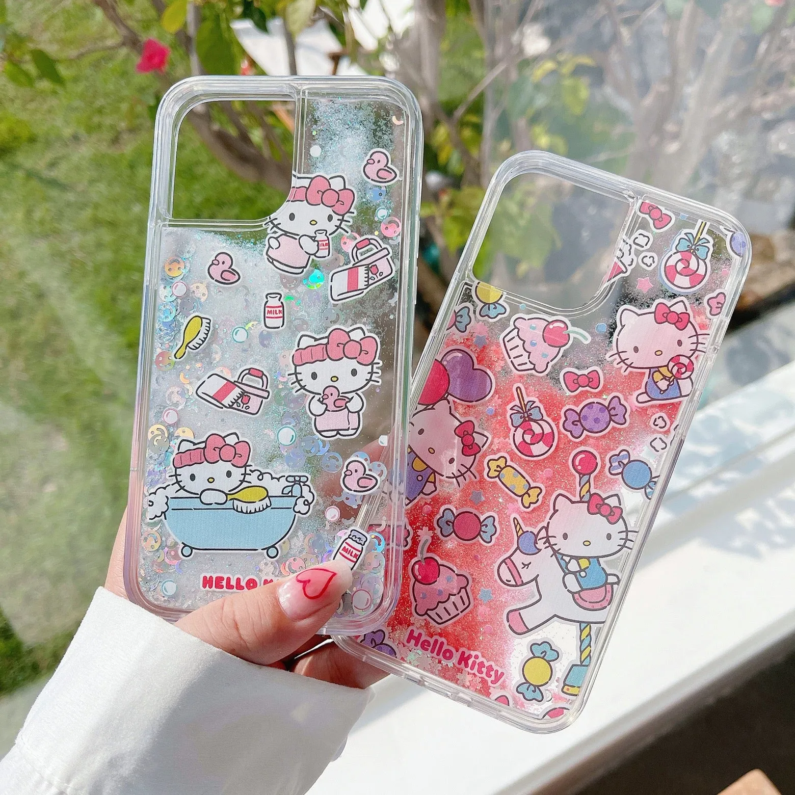 Japanese Cartoon KT Red Party Blue Bathing Glitter QuickSand iPhone Case 15 14 13 12 11 XS XR Pro Max Plus