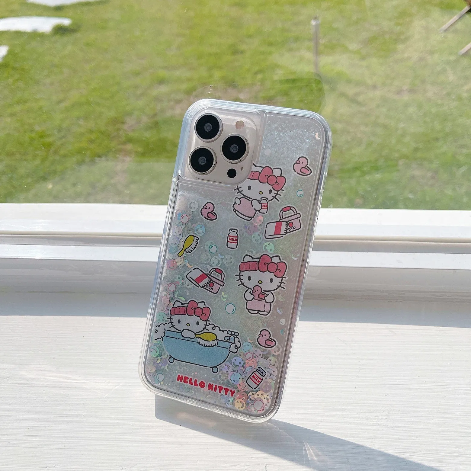 Japanese Cartoon KT Red Party Blue Bathing Glitter QuickSand iPhone Case 15 14 13 12 11 XS XR Pro Max Plus