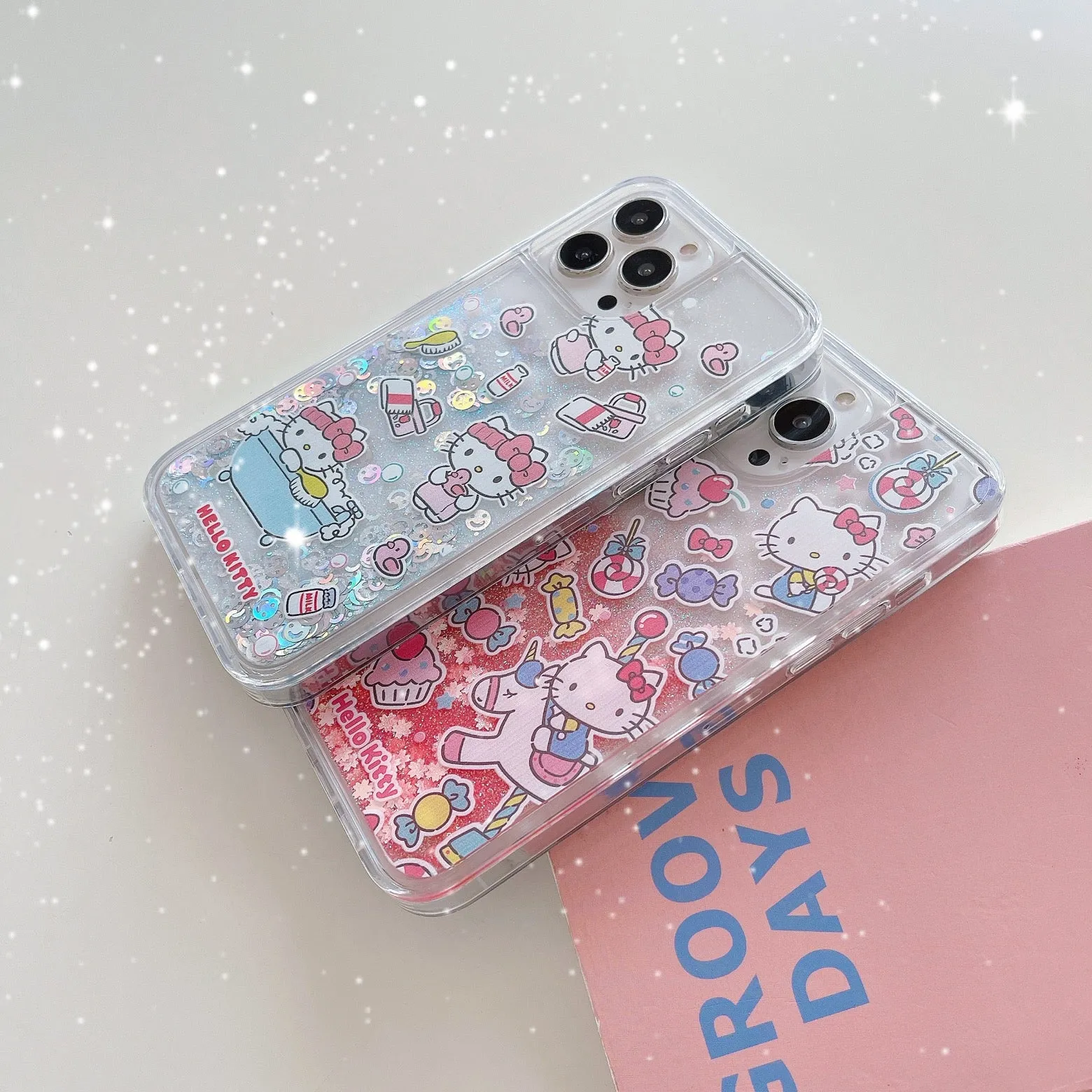 Japanese Cartoon KT Red Party Blue Bathing Glitter QuickSand iPhone Case 15 14 13 12 11 XS XR Pro Max Plus