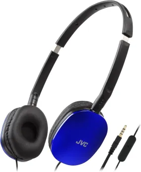 JVC HA-S160M-A Flats Foldable Compact Headphones - Glossy Blue, On/Off Microphone Switch, Perfect for Teleworking & Online Seminars