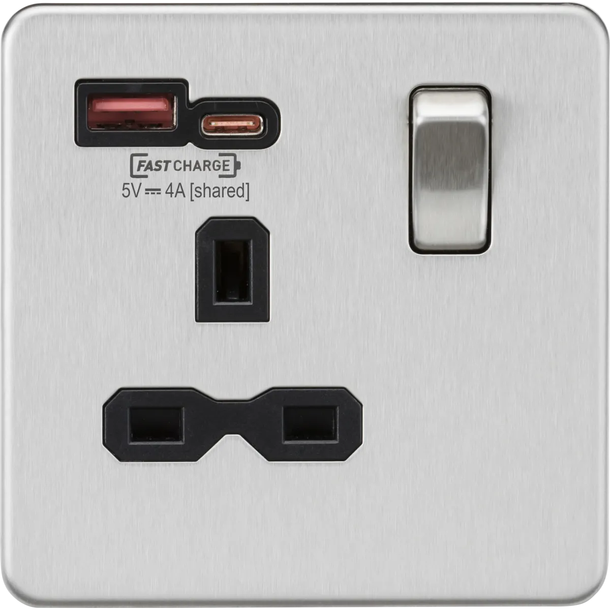 Knightsbridge Screwless 13A 1 Gang Switched Socket Dual USB A C Brushed Chrome Black Insert