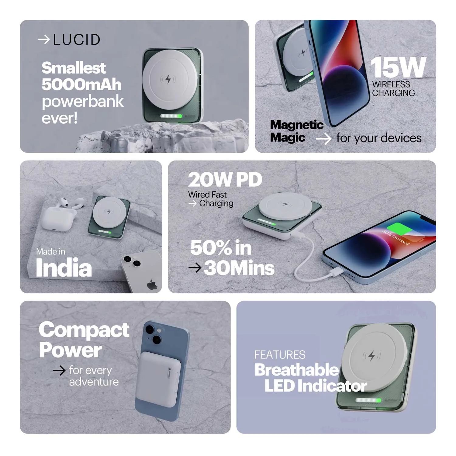 Lucid 15W magnetic wireless powerbank 5000mAh battery capacity for iPhone 16/15/14/13 and 12