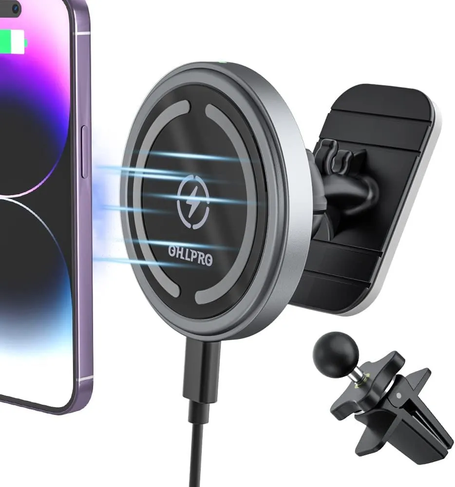 Magnetic Wireless Car Charger Mount, Stick on the Dashboard for Magsafe Iphone 14/14 Pro/14 Max/13/13 Pro/13 Pro Max/ 12/12Pro/Mini, Fast Charging Auto-Alignment Air Vent Phone Holder (Dark Grey)