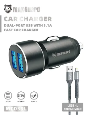 MaxGuard MC039L Car Charger 2 Usb with Lightning cable