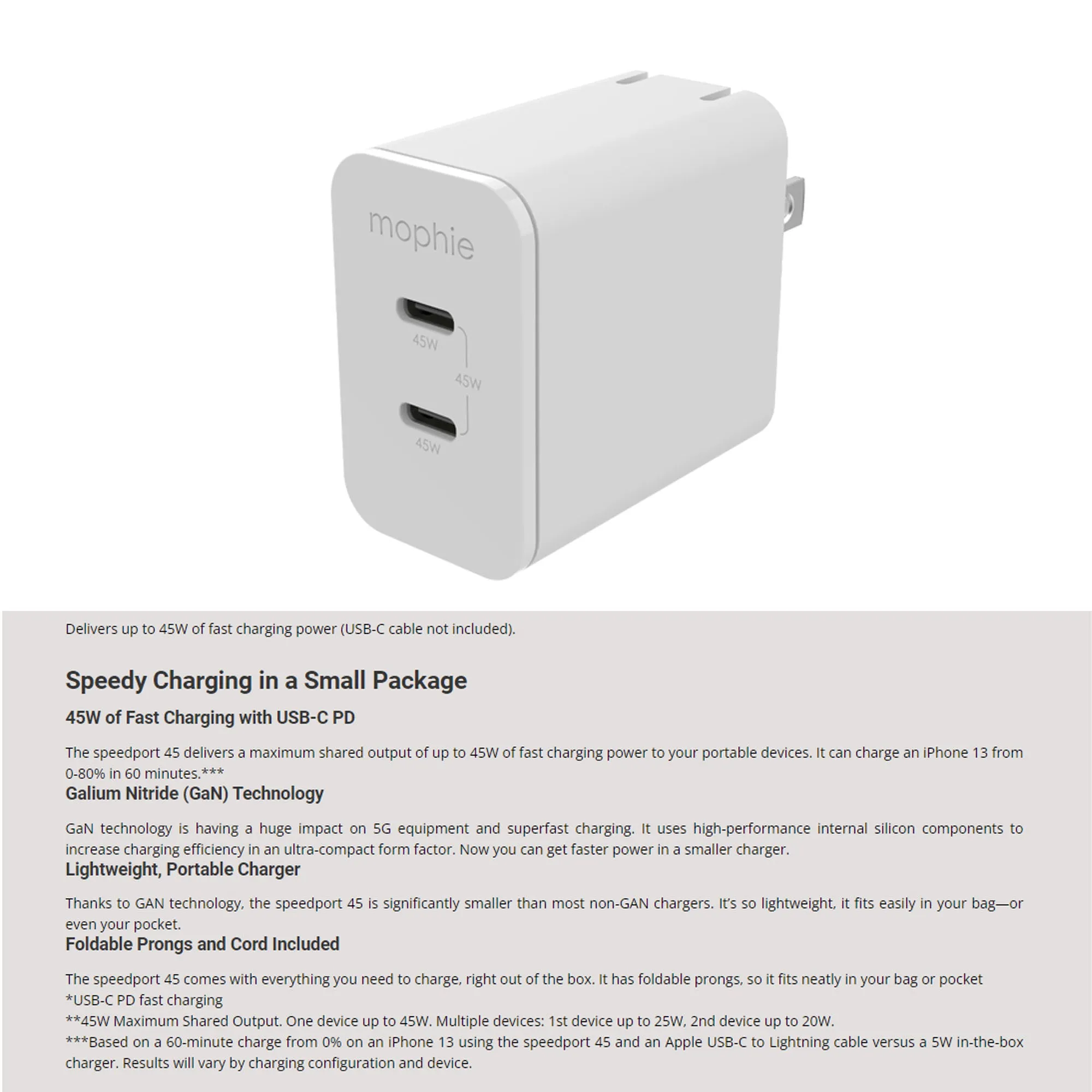 Mophie Speedport 45W GaN - USB C PD Dual Port - White (Barcode: 840056158221 )