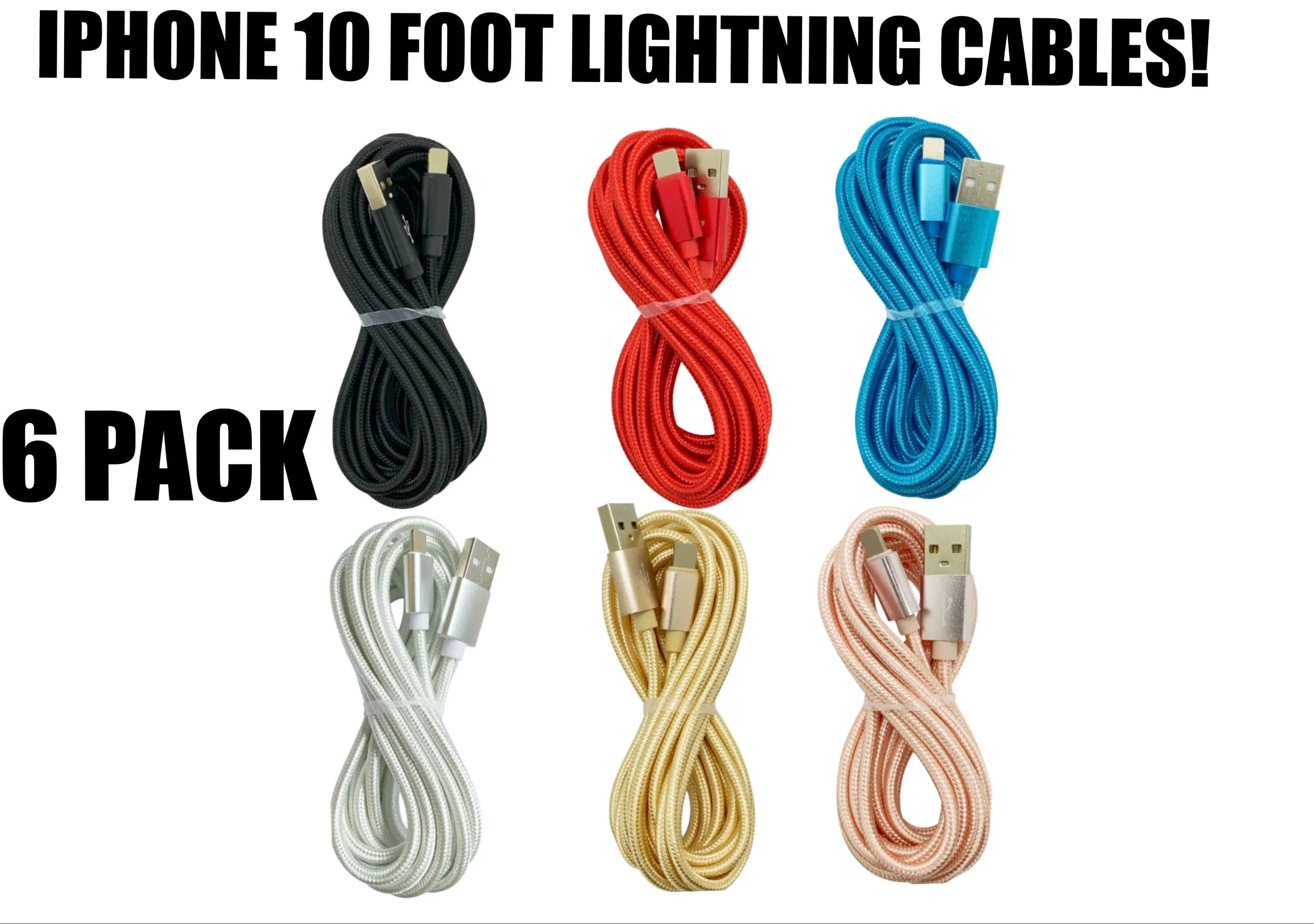 Multi-Color 6 Pack! of 10Ft Braided USB Charger Lightning Cable