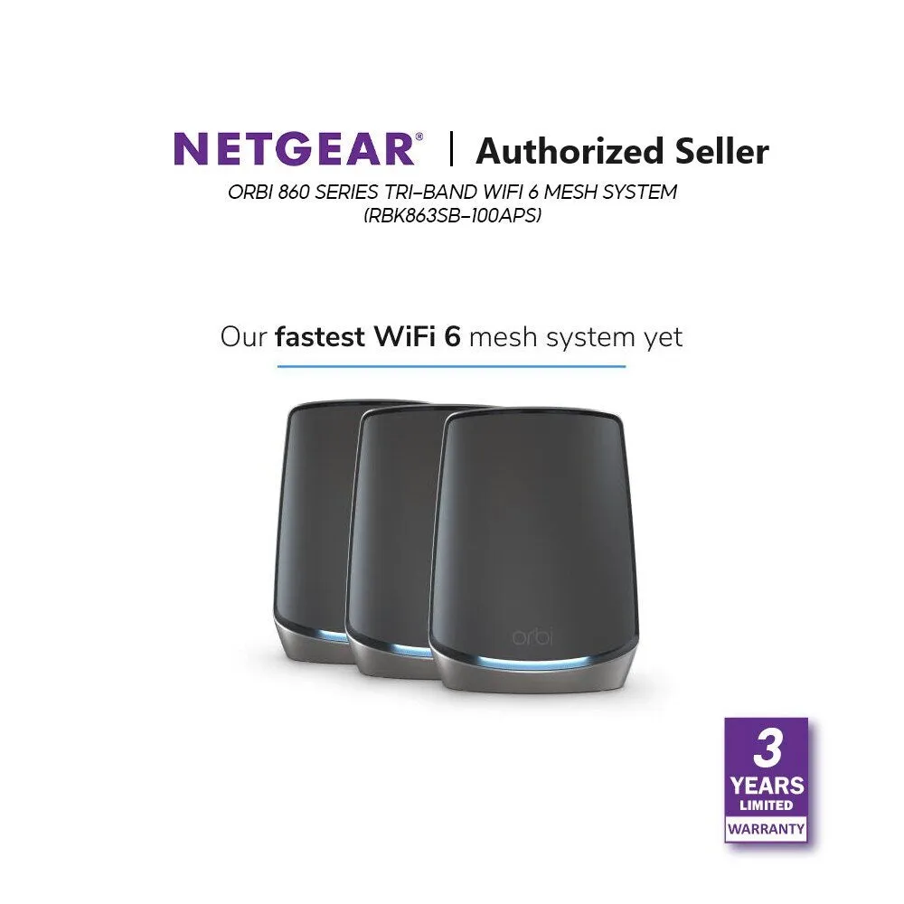 Netgear Orbi RBK863SB / RBS860B 6Gbps Triband 3Pc WiFi6 Mesh System Mesh WiFi 10 Gig Port 1 Year NETGEAR Armor