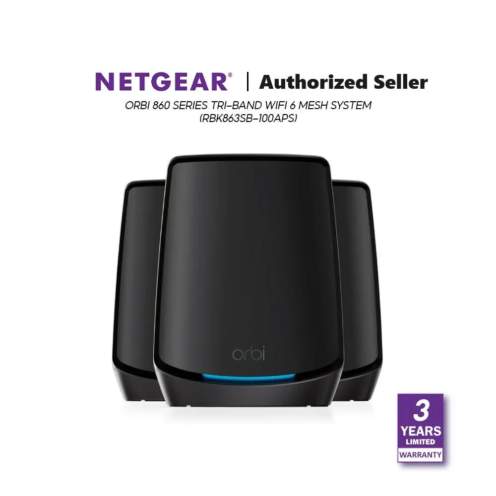 Netgear Orbi RBK863SB / RBS860B 6Gbps Triband 3Pc WiFi6 Mesh System Mesh WiFi 10 Gig Port 1 Year NETGEAR Armor