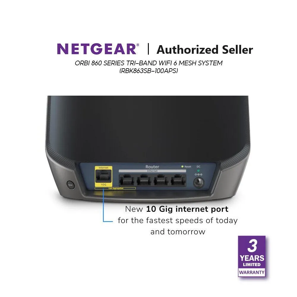 Netgear Orbi RBK863SB / RBS860B 6Gbps Triband 3Pc WiFi6 Mesh System Mesh WiFi 10 Gig Port 1 Year NETGEAR Armor