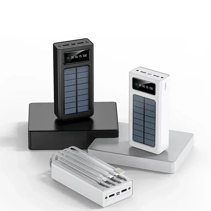 New 300000mah Solar Power Bank 4 Cables Built-in Solar Charging Port External Charger Suitable for Iphone mobile phones