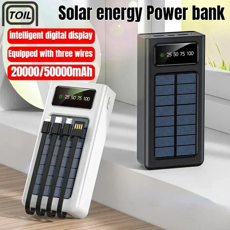 New 300000mah Solar Power Bank 4 Cables Built-in Solar Charging Port External Charger Suitable for Iphone mobile phones