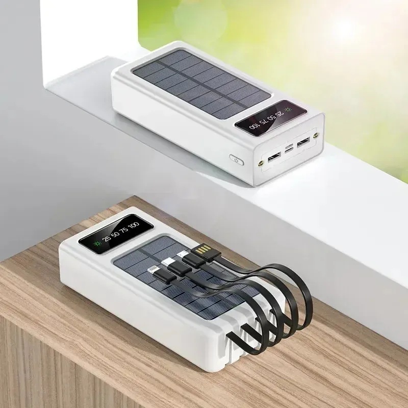 New 300000mah Solar Power Bank 4 Cables Built-in Solar Charging Port External Charger Suitable for Iphone mobile phones