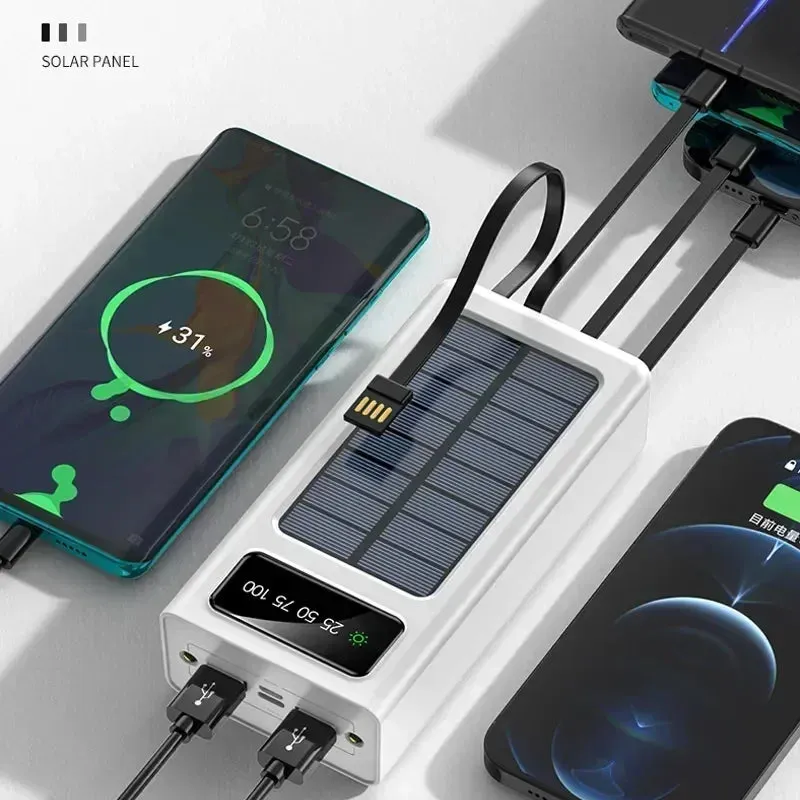 New 300000mah Solar Power Bank 4 Cables Built-in Solar Charging Port External Charger Suitable for Iphone mobile phones