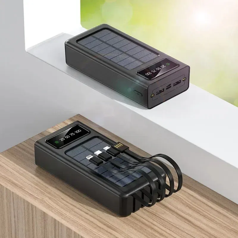 New 300000mah Solar Power Bank 4 Cables Built-in Solar Charging Port External Charger Suitable for Iphone mobile phones