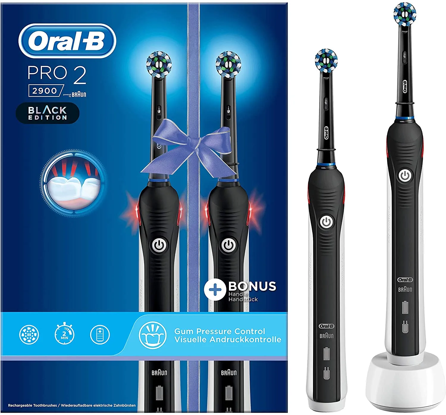 Oral B Pro 2 2900 Rechargeable Dual Electric Toothbrush Round Oscillation Cleaning Black Braun