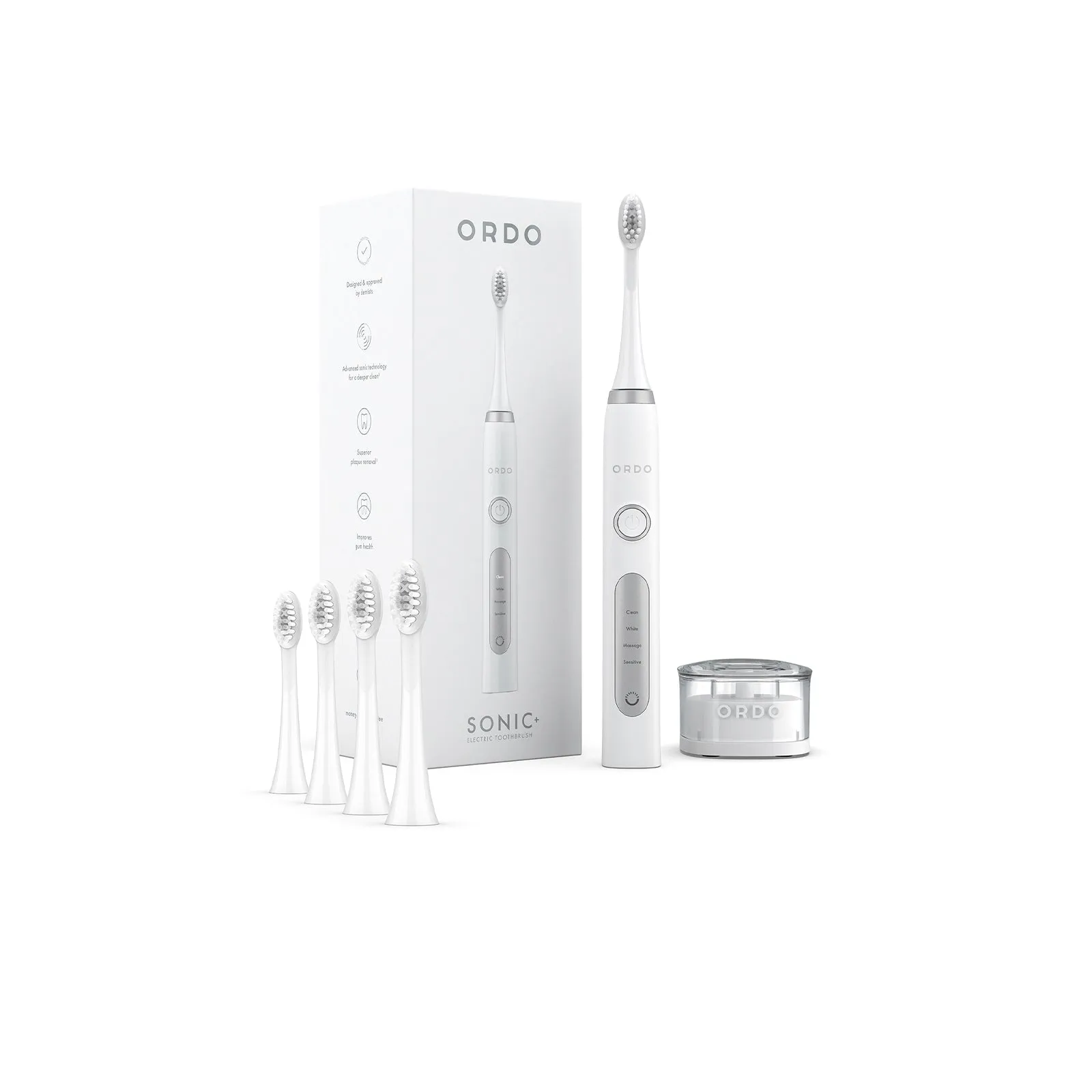 Ordo Sonic  Toothbrush & 4x Brush Head Bundle - White/Silver