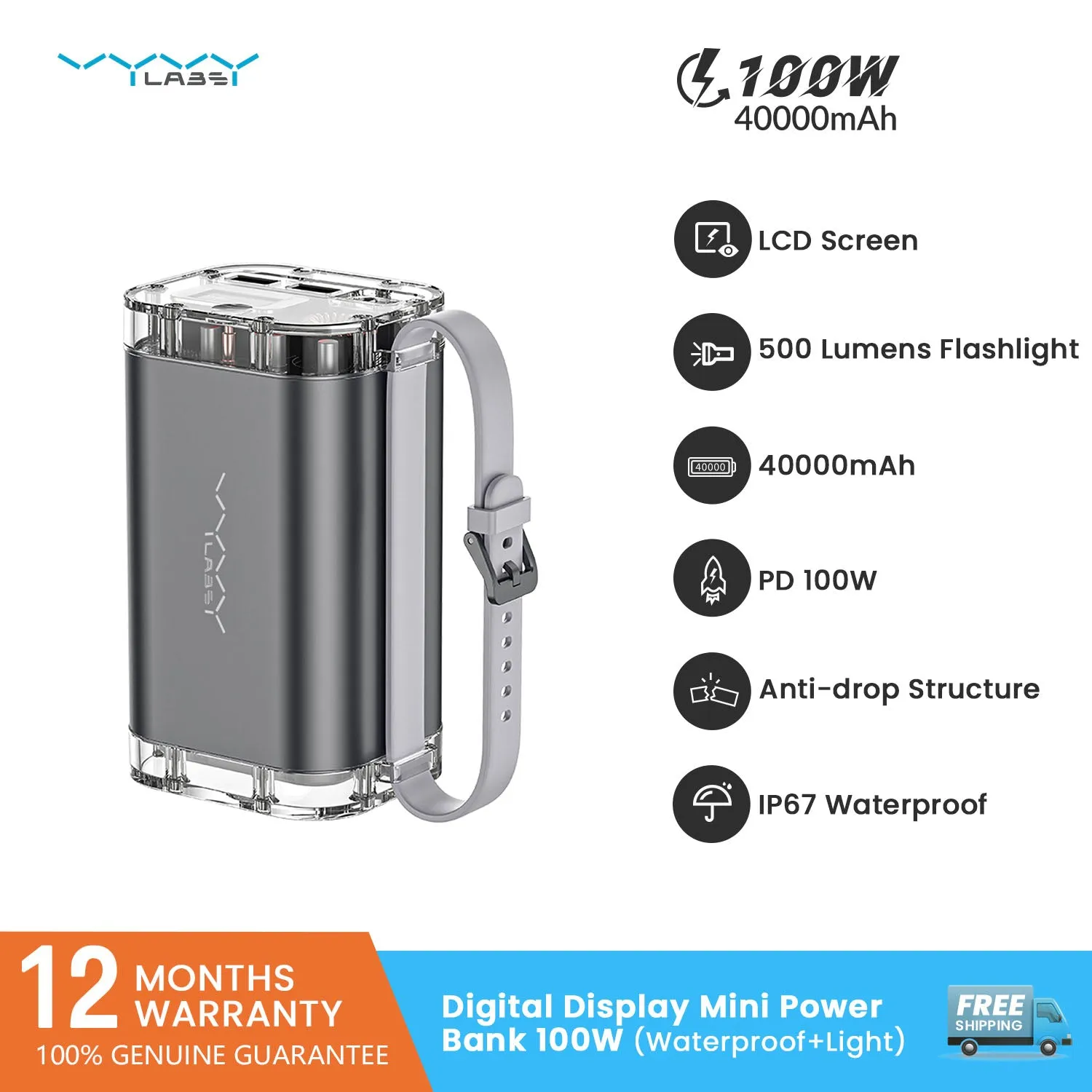 Outdoor Power Bank Digital Display 40000mAh 100W (Waterproof Light)