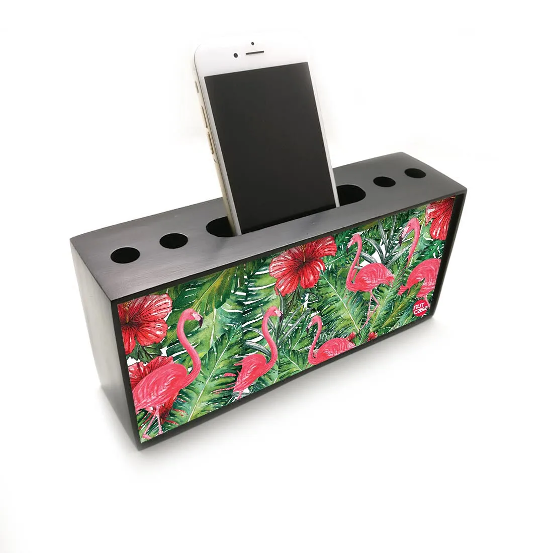 Pen Mobile Stand Holder Desk Organizer - Flamingos With Red Flower