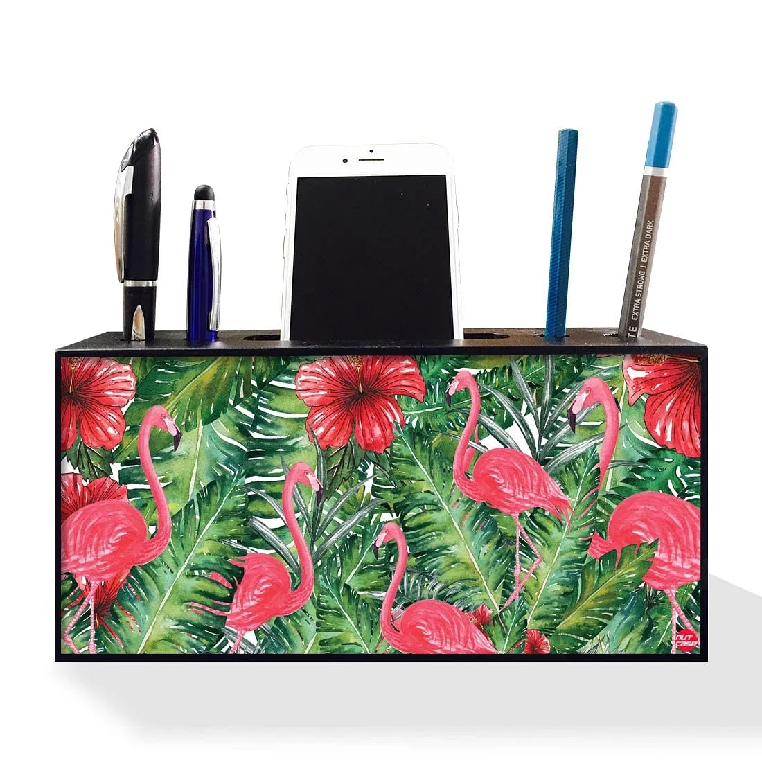 Pen Mobile Stand Holder Desk Organizer - Flamingos With Red Flower