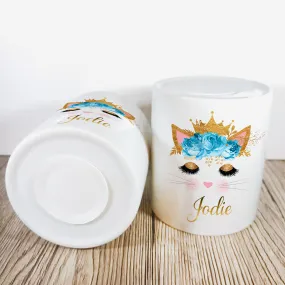 Personalised Kitty Money Pot | Blue & Gold Flowers