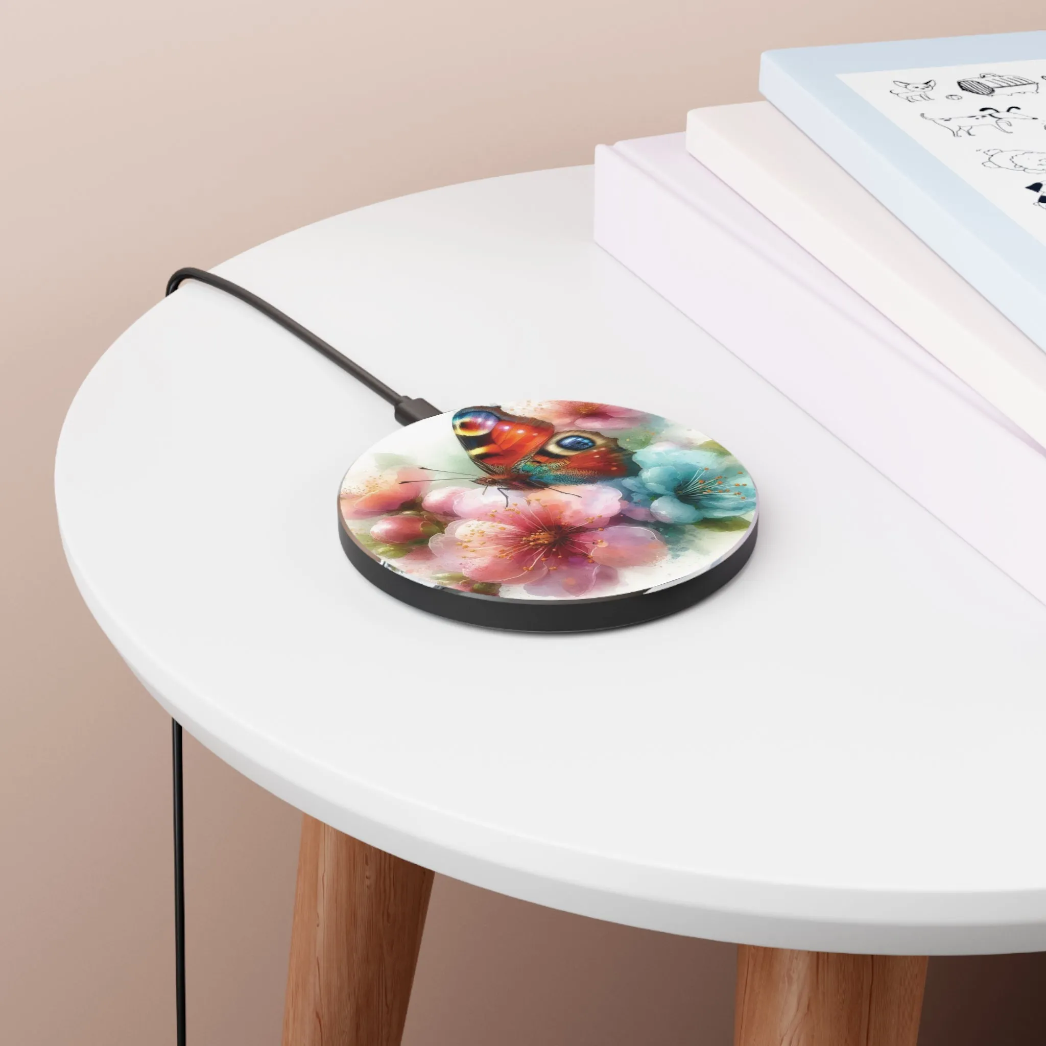 Pink flower and butterfly with watercolor effect Wireless Charger