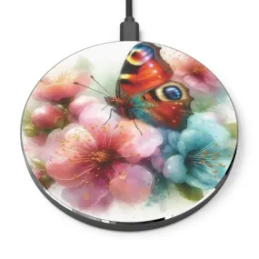 Pink flower and butterfly with watercolor effect Wireless Charger