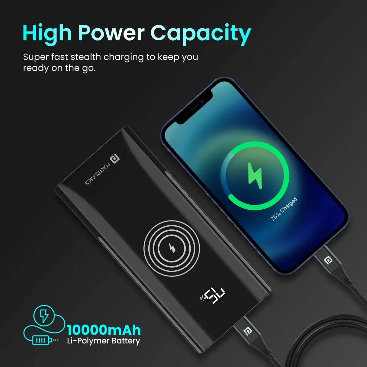 Portronics Power 10 10000 mAh 22.5 W PD Fast Charging |15W Li-Polymer Premium Edition Wireless Power Bank | Type C Power Delivery (1 Input, 3 Output) | Made in India|