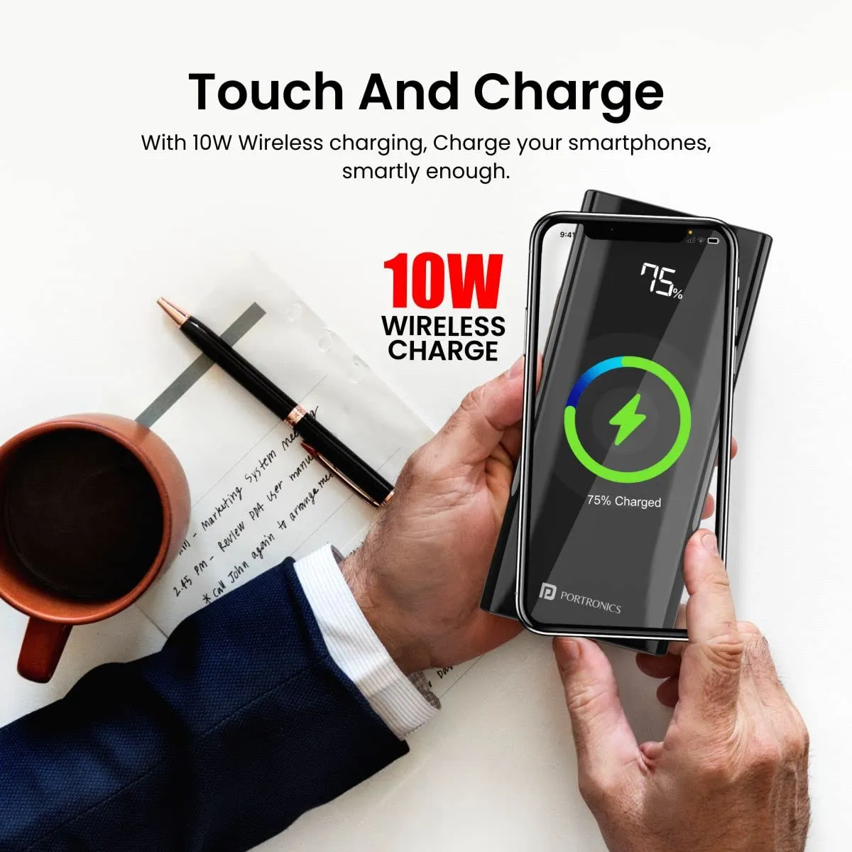 Portronics Power 10 10000 mAh 22.5 W PD Fast Charging |15W Li-Polymer Premium Edition Wireless Power Bank | Type C Power Delivery (1 Input, 3 Output) | Made in India|