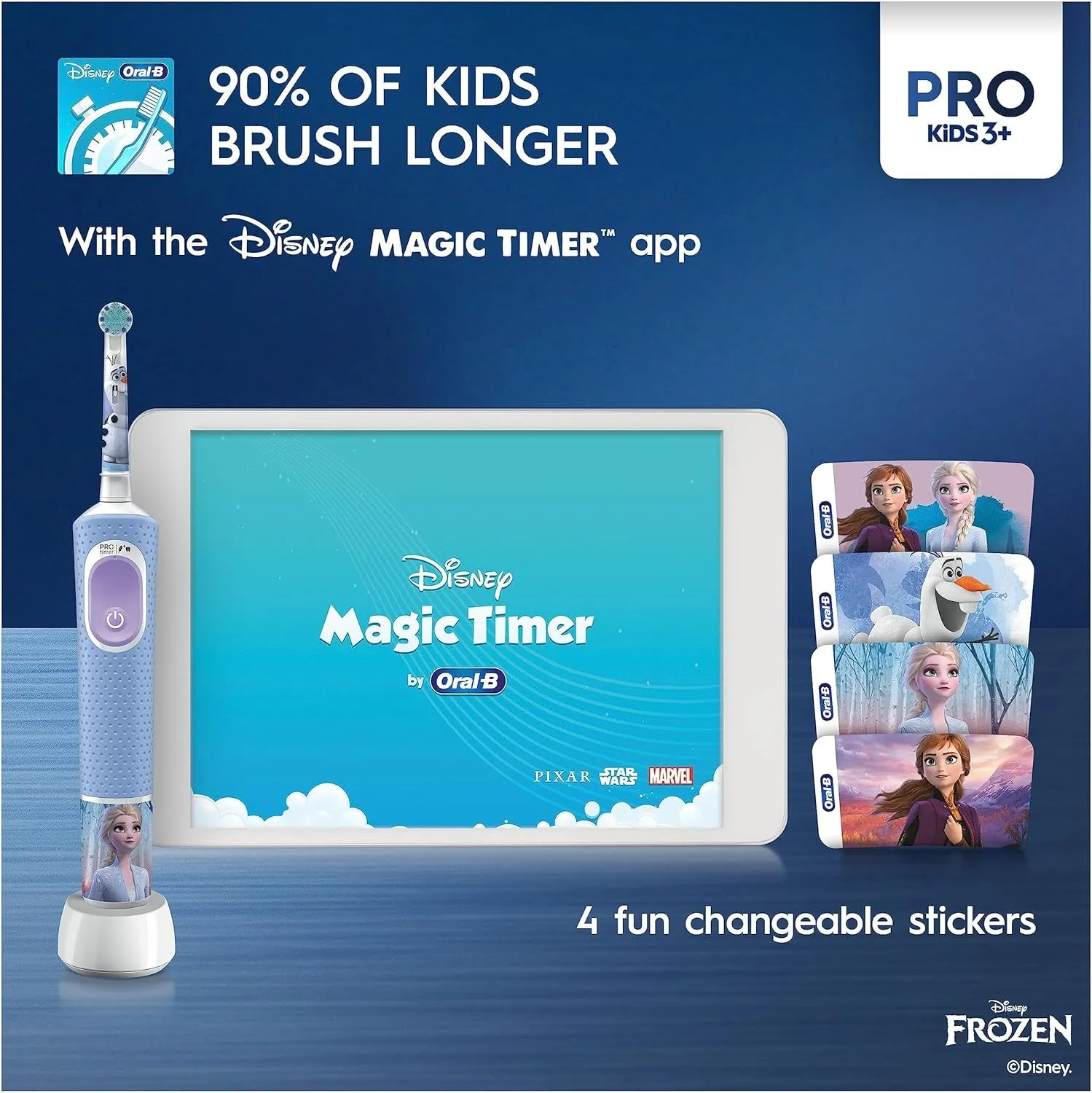 Pro Kids Electric Toothbrush, Christmas Gifts For Kids, 1 Toothbrush Head, x4 Frozen Stickers, 1 Travel Case, 2 Modes with Kid-Friendly Sensitive Mode, For Ages 3 , 2 Pin UK Plug, Blue