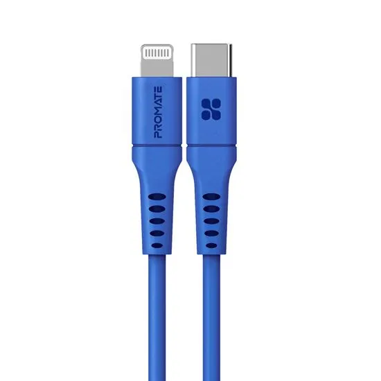 Promate 3m 20W PD USB-C to Lightning Charge & Sync Cable, For Apple iPhone, iPad, & iPad Mini, Soft Touch Silicone. Anti Snap Tangle Free Design, Blue