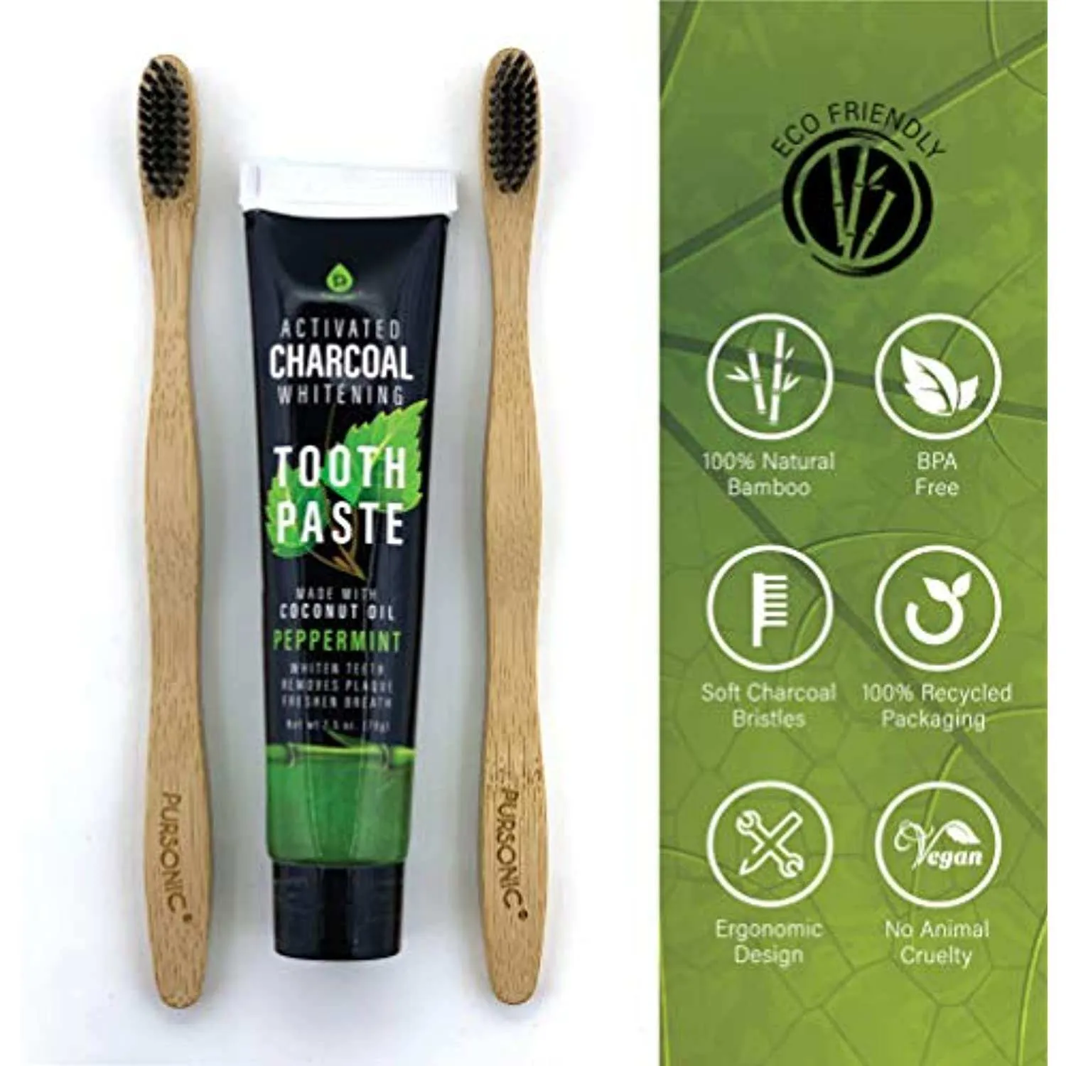 Pursonic Eco-Friendly Bamboo Toothbrushes & Charcoal Whitening Toothpaste