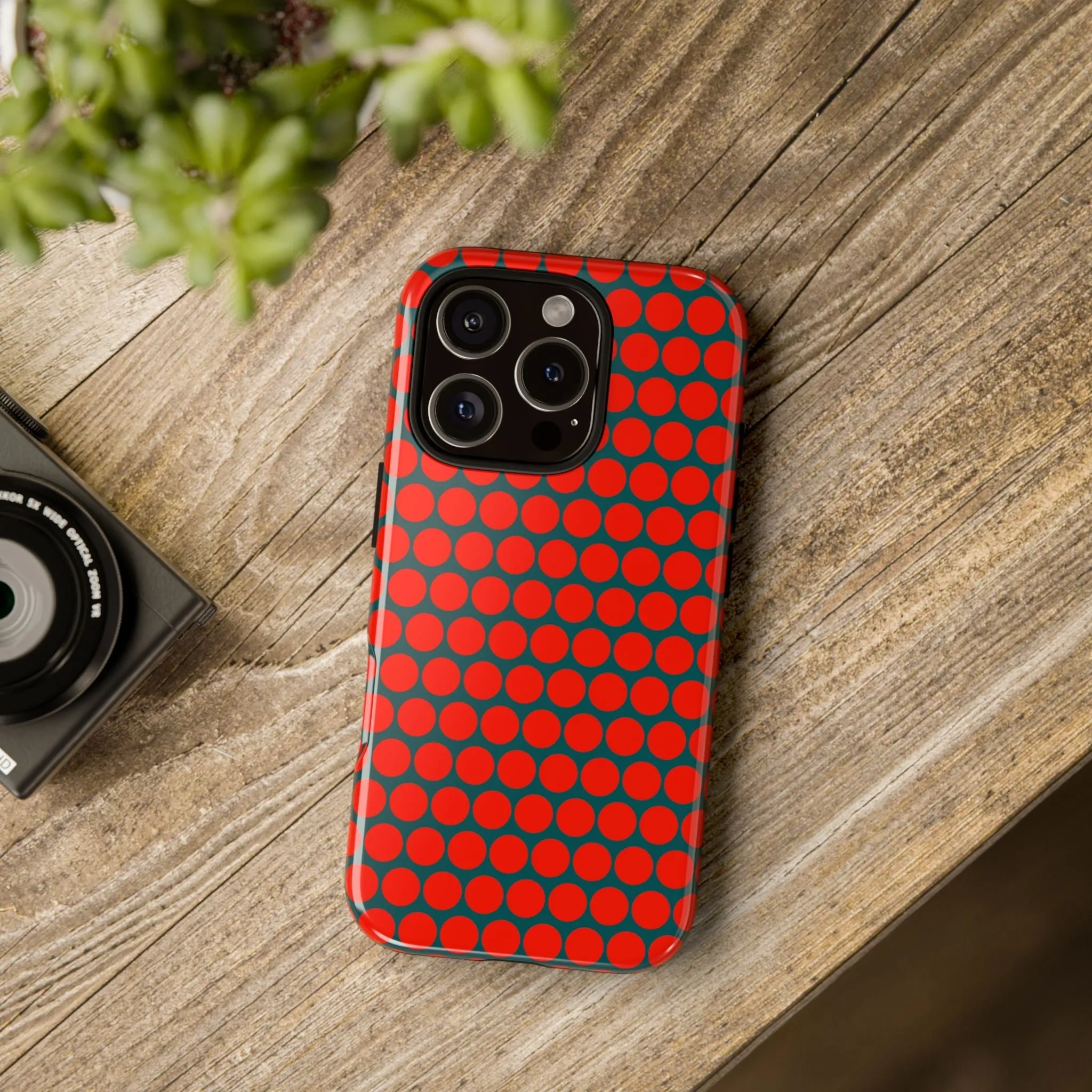 Red Dot Teal Background Polka Dot Tough Phone Case for iPhone Samsung & Google Phones