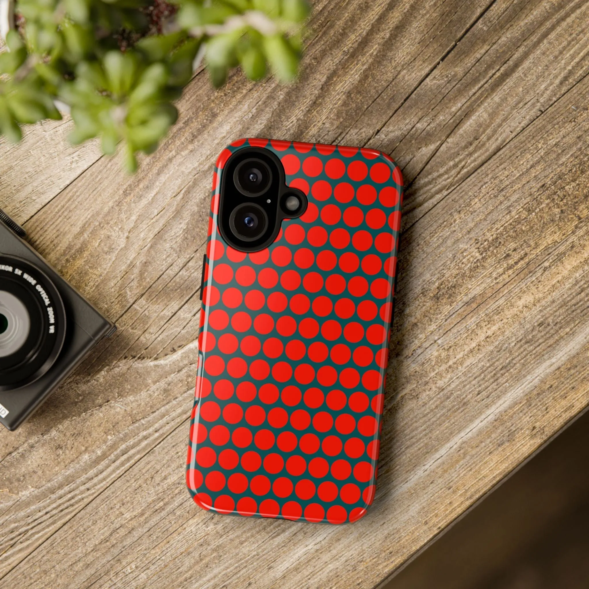 Red Dot Teal Background Polka Dot Tough Phone Case for iPhone Samsung & Google Phones