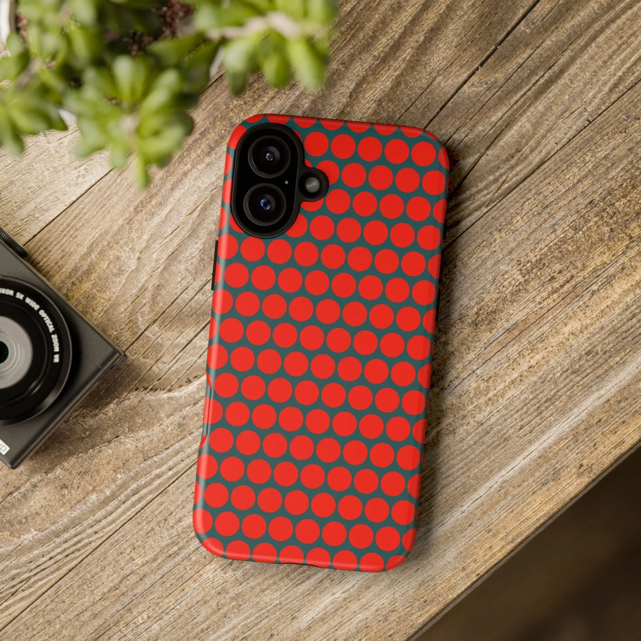 Red Dot Teal Background Polka Dot Tough Phone Case for iPhone Samsung & Google Phones