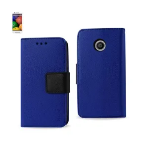 Reiko Wallet Case 3 In 1 For Motorola Moto E Navy With Interior Leather-Like Material And Polymer Cover