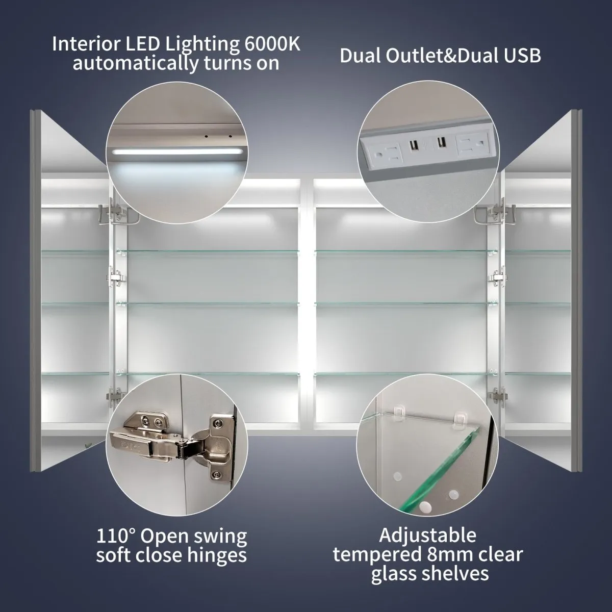 Rim 48" W x 32" H Lighted Medicine Cabinet Recessed or Surface LED Medicine Cabinet with Outlets & USBs