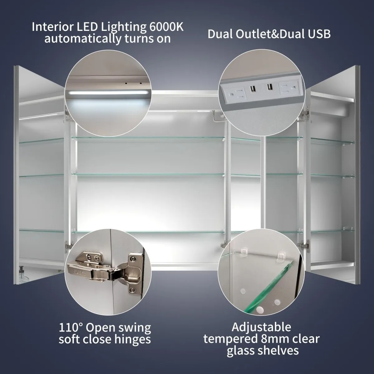 Rim 48" W x 36" H LED Lighted Medicine Cabinet Recessed or Surface with Clock and mirrors