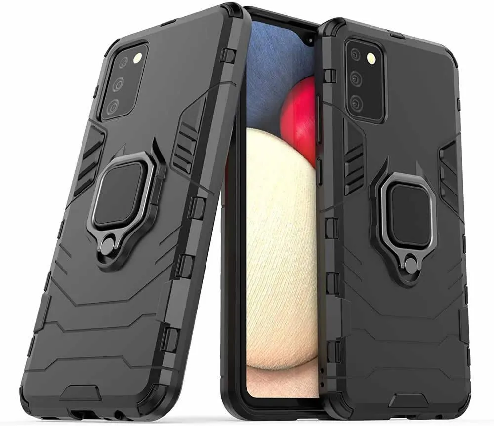 Samsung Galaxy A12 Defender Armour Rugged Case with Ring Holder - Black