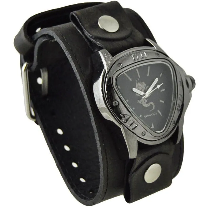 Silver Dragon Gunmetal Black Watch with Perforated Distressed Black Leather Cuff