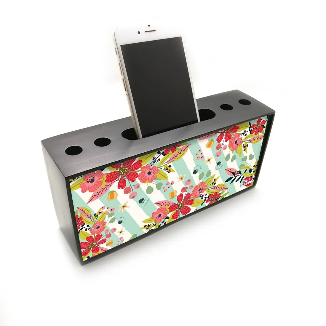 Small Pen and Mobile Holder Desk Organizer for Office - Baby Flowers With Strips