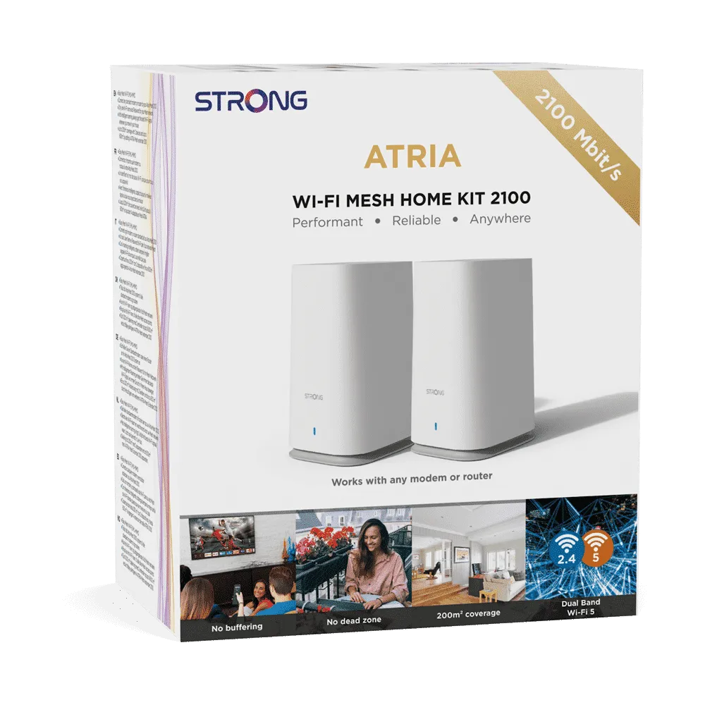 STRONG Atria Wi-Fi Mesh Home Kit 2100, WLAN Amplifier, Repeater, 200 m² Coverage, 2100 Mbit/s, 2.4 GHz   5 GHz, 3 x Gigabit LAN/WAN Ethernet Ports, White