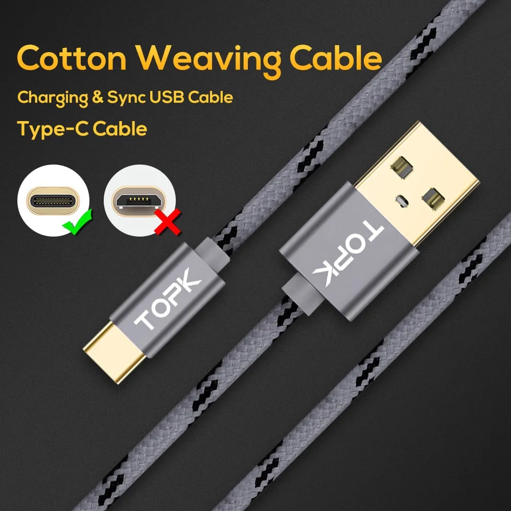 TOPK USB Type C Cable for Xiaomi Redmi Note 7 Mi 9 Fast Charging Data Sync USB C Cable for Samsung Galaxy S9 Oneplus 6t Type-C