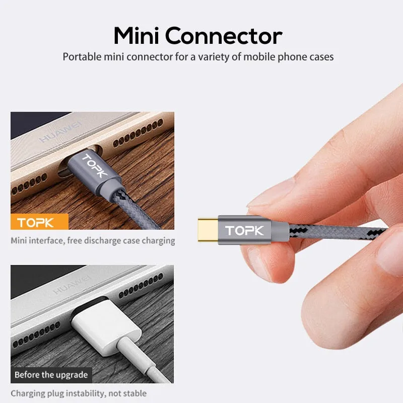 TOPK USB Type C Cable for Xiaomi Redmi Note 7 Mi 9 Fast Charging Data Sync USB C Cable for Samsung Galaxy S9 Oneplus 6t Type-C