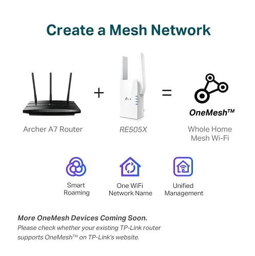 TP-Link AX1500 WiFi Extender Internet Booster, WiFi 6 Range Extender Covers up to 1500 sq.ft and 25 Devices,Dual Band up to 1.5Gbps Speed, AP Mode w/Gigabit Port, APP Setup, OneMesh Compatible(RE505X)