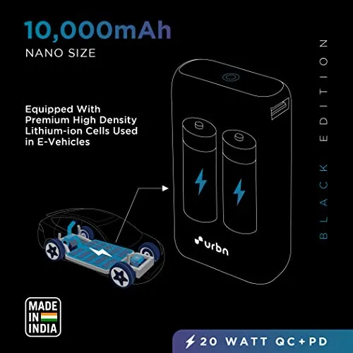 URBN 10000 mAh Lithium_ion Premium Black Edition Nano Power Bank | 20W Fast Charging | Smallest Power Bank | Type C PD (Input& Output) | Made in India | Dual Output | Free Type C Cable - Black