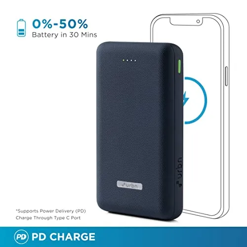 URBN 20000 mAh Lithium_Polymer 22.5W Super Fast Charging Ultra Compact Power Bank with Quick Charge & Power Delivery, Type C Input/Output, Made in India, Type C Cable Included (Blue)